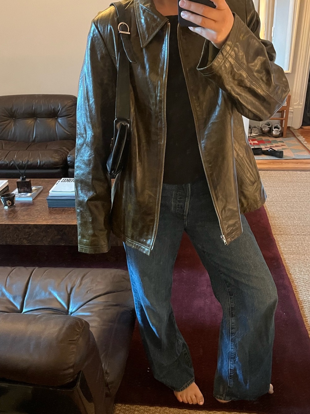 Vintage Olive Green Leather Zip Jacket
